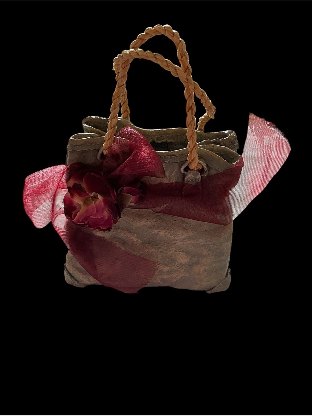 Ceramic Handbag with Burgundy Bow and Floral Accent